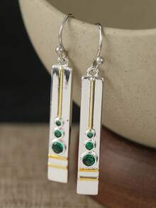 YOYO Women's Long Earrings, Vertical Line Design With Green Cubic Zirconia, Suitable For Daily Commute Ear Drops - Silver - View 8