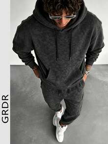 GRDR Men's Autumn Streetwear Washed Print Pattern Long Sleeve Drawstring Hooded Fleece Sweatshirt And Sweatpants Casual Loose Fit Set - Black - View 2