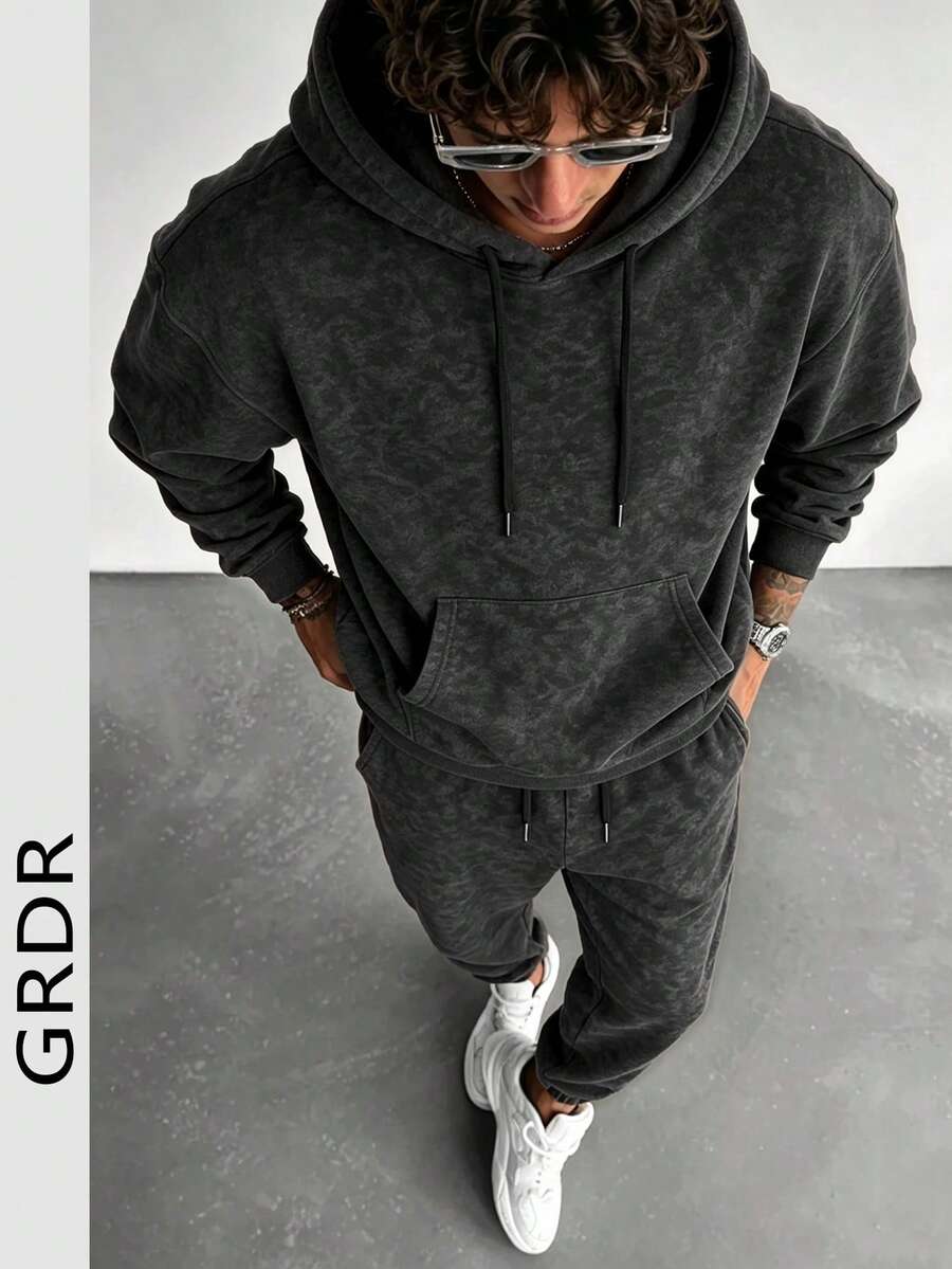 GRDR Men's Autumn Streetwear Washed Print Pattern Long Sleeve Drawstring Hooded Fleece Sweatshirt And Sweatpants Casual Loose Fit Set - Black - View 1