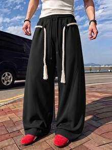 High Street Thick Rope Drawstring Wide Leg Sweatpants For Men, Loose Drape Grey Sports Pants, Casual Long Pants With Belt Loops, Essential For Home Leisure And Outdoor Travel - Black - View 3