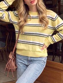 Sweater Rajut Lengan Panjang Leher Bulat Motif Garis-garis Kuning Multiwarna untuk Wanita Musim Panas dan Gugur, Model Pullover Kasual Dasar - Kuning - View 3