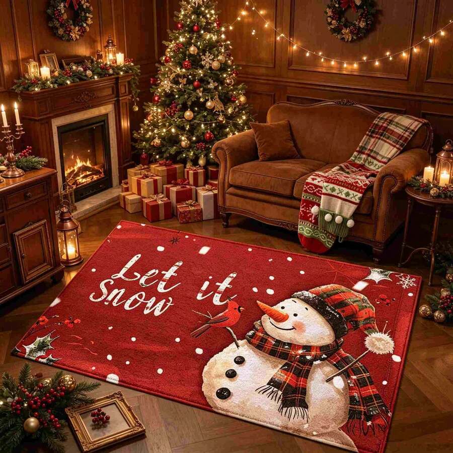 1pc Christmas Series Red Background Snowman Pattern Printed Faux Wool TPR Bottom Door Mat, Bathroom Mat, Kitchen Mat, Laundry Room Mat, Holiday Atmosphere Decor, Home Decor, Party Decor, Wedding Decor, Dining & Kitchen Decor - Multicolor - View 1