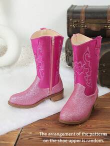Girls' Dreamy Rose Red Glitter Embroidery Princess Style Side Zipper Western Boots, Suitable For Shopping, Photos, Birthday - Hot Pink - View 2