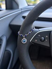 1pc Blue Evil Eye Rhinestone Steering Wheel Pendant, Gold Crystal Chain Car Hanging Decor, Shiny Interior Rearview Mirror Accessory, Suitable For Women, Cars, SUVs, Daily Commute, Road Trips, Birthday And Holiday Gifts - Sapphire - View 3