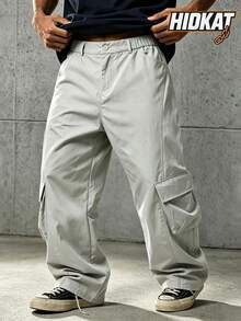 Hidkat Men's Solid Color Multi-Pocket Cargo Wide Leg Pants, Elastic Waistband Casual Straight Leg Long Trousers - Light Grey - View 1