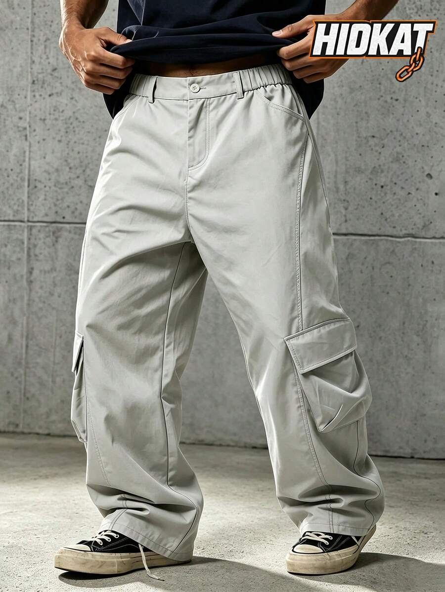 Hidkat Men's Solid Color Multi-Pocket Cargo Wide Leg Pants, Elastic Waistband Casual Straight Leg Long Trousers - Light Grey - View 1
