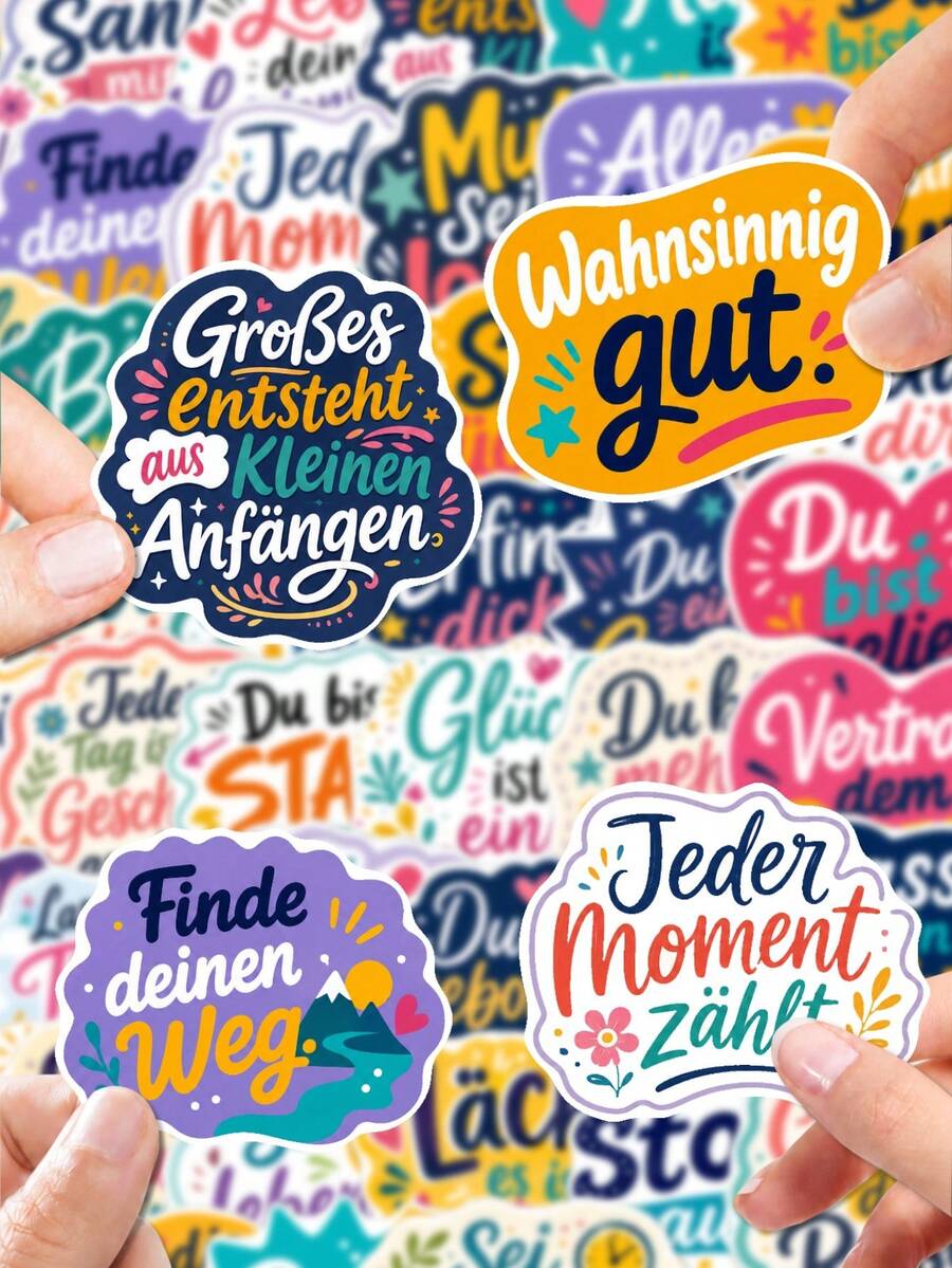 50Pcs PP German Inspirational Stickers, Colorful Journal Text Style, Including German Inspirational Phrases, Hearts, Gift Boxes, Lightning, Hand-Drawn Border Elements, For Journal Collage, Water Bottle, Notebook, Storage Box, DIY Craft Decor - Multicolor - View 1