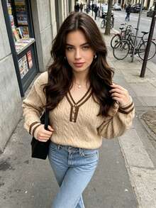 Elegant V-Neck Button Cable Knit Pullover Sweater, Fashionable Minimalist Contrast Color Casual Versatile Knit Top For Women - Khaki - View 10