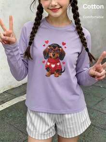 Girls Cotton Raglan Long Sleeve T-Shirt, Spring Wear, Red Heart Glasses Dachshund & Hearts Print, Cute Sweet Girly Preppy Style - Light Purple - View 1