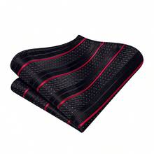 5Pcs Men Red Stripe Paisley Jacquard Hand-Tied Bow Tie Pocket Square Cufflinks Ring Boutonniere Set, Cufflinks Pattern Random For Wedding - Red - View 3