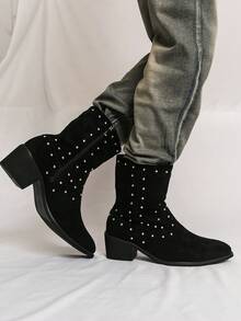Men's Western Cowboy Boots, Round Toe, Black Suede-Like Fabric Upper, Rhinestone Decor, Side Zipper, Chunky Heel, Boots For Party, Daily Casual Wear - Black - View 5