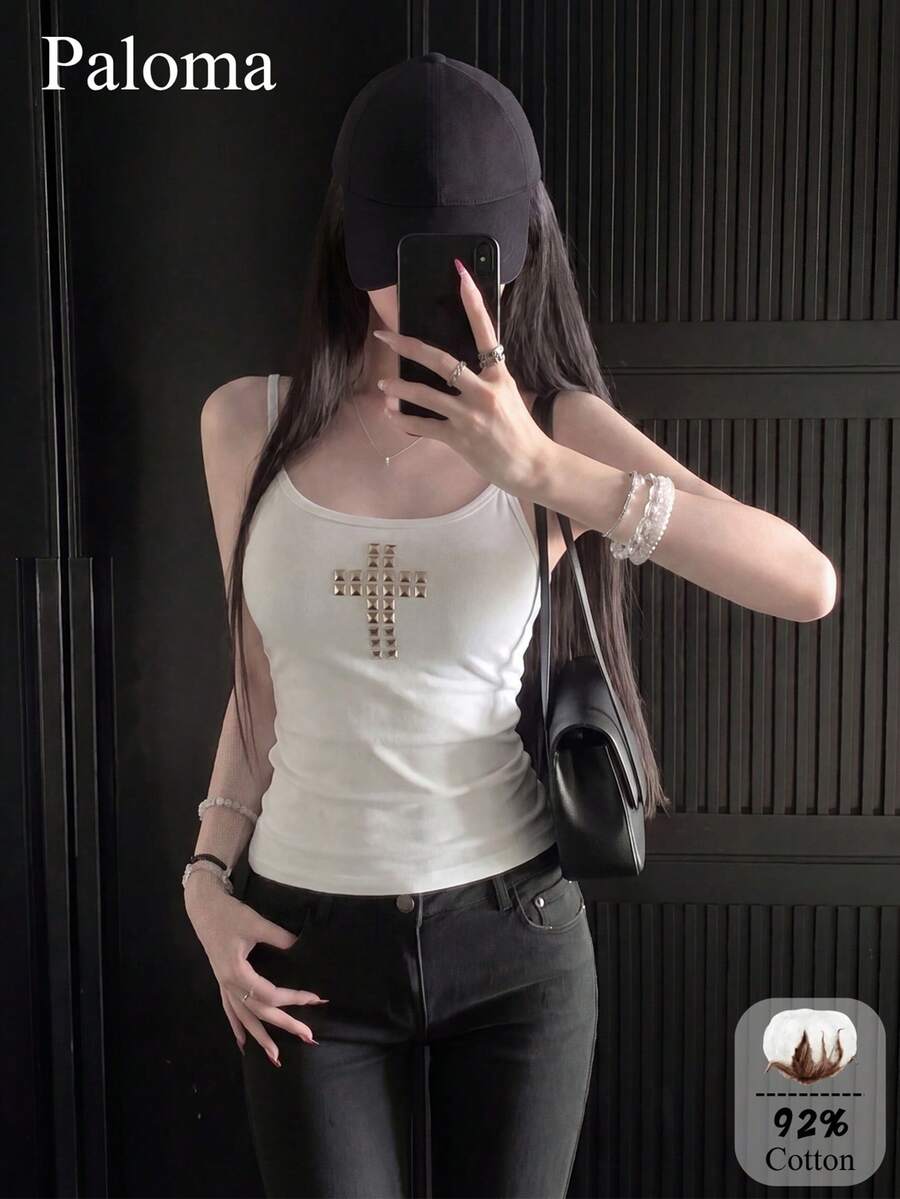 Tank Top Leher Bulat Pas Badan dengan Motif Silang Berhiaskan Kancing dan Tali Bahu Tipis, Warna Putih, Kasual untuk Musim Panas - Putih - View 1