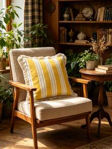 1PC American Country Printed Pillowcase Cover With Tassel Border, Double-Sided Decorative Pillowcase, Yellow Striped Green Polka Dot Design Pattern, Home Decoration, Sofa, Bed, Bedroom(Excluding Pillow Core)-Size Excludes 3cm Tassels - Multicolor - View 11