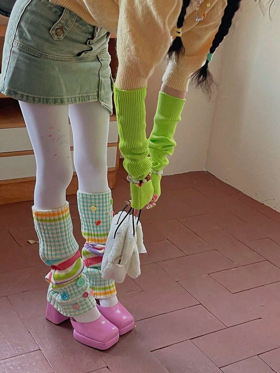 1pair Colorful Millennial Hot Girl Striped Socks-Contrast Color Ins Style Pile Knitted Yarn Leg Cover-Pay Attention To The Random Color Position Of Color Buttons - Multicolor - View 1