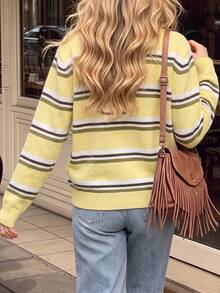Sweater Rajut Lengan Panjang Leher Bulat Motif Garis-garis Kuning Multiwarna untuk Wanita Musim Panas dan Gugur, Model Pullover Kasual Dasar - Kuning - View 2