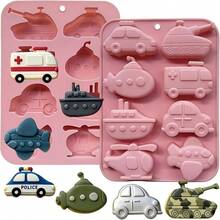1pc 8-Cavity Silicone Car Mold, Mixed Transportation Vehicle Shaped Mold, Including Tank, Taxi, Submarine, Boat, Helicopter And Airplane Shapes, Suitable For Making Ice Bricks, Soap, Candles, Cake Decorations And Handicrafts - Multicolor - View 5