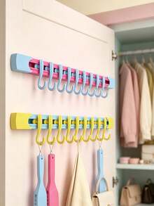 6/2/1pc Cute Pastel Style Plastic Long Strip Wall Mount Hook Rack With 10 Hooks, Punch‑Free Strong Load‑Bearing Hanging Holder, Multi‑Hook Wall Hanger, Suitable For Entryway, Bedroom, Bathroom, Dormitory, Closet, All‑Season Home Storage Organization - Multicolor - View 5