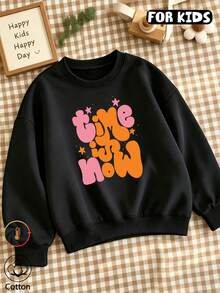 Girls Bubble Letter & Star Print Crew Neck Sweatshirt, Soft Long Sleeve Casual Kids Pullover Top - Black - View 10