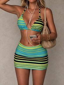 HOTTIE HABIT Women's Striped, Halter Triangle, 3 Pieces Bikini Set With Beach Skirt, Summer Beach Vacation - Multicolor - View 1