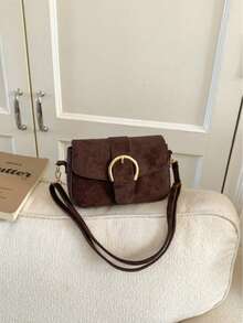 Women's Flap Small Handbag, Fashionable Metal Buckle Decor Square Bag, Shoulder Crossbody Bag - Coffee - View 4