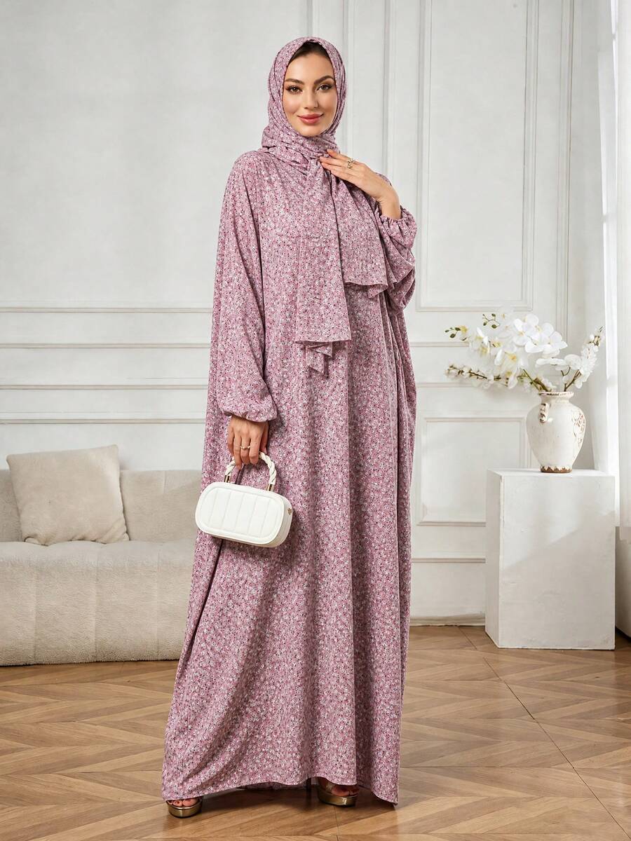 Women's Ditsy Floral Abaya Set With Hooded Hijab, Long Loose Ramadan Robe, Suitable For Ramadan And Eid Prayer - Pink - View 1