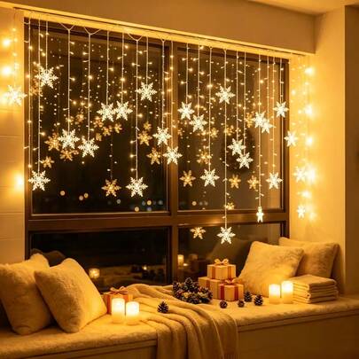 1pc USB 96LED Snowflake Fairy Lights, 8 Lighting Modes, Create Warm Atmosphere, Christmas Outdoor Lights, Bedroom Curtain Lights, Christmas Decoration Lights, Suitable For Christmas, New Year, Wedding, Party, Window, Fence, Gazebo, Porch, Balcony, Garden