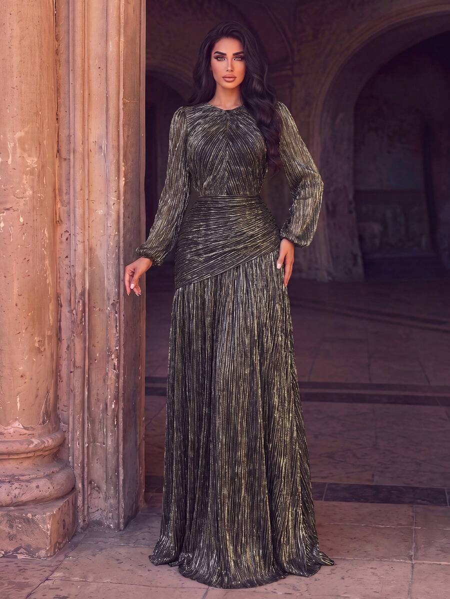 Charming Long Round Neck Evening Dress, Puff Sleeves, Pleated Flowy Skirt, Flattering Silhouette, Suitable For Photos, Beach Vacation, Formal Events - Gold - View 1