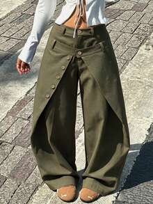 Women's Green Wide Leg Pants With Unique Wrap Button Hem Design For Modern Fashion Look - Olive Green - View 4