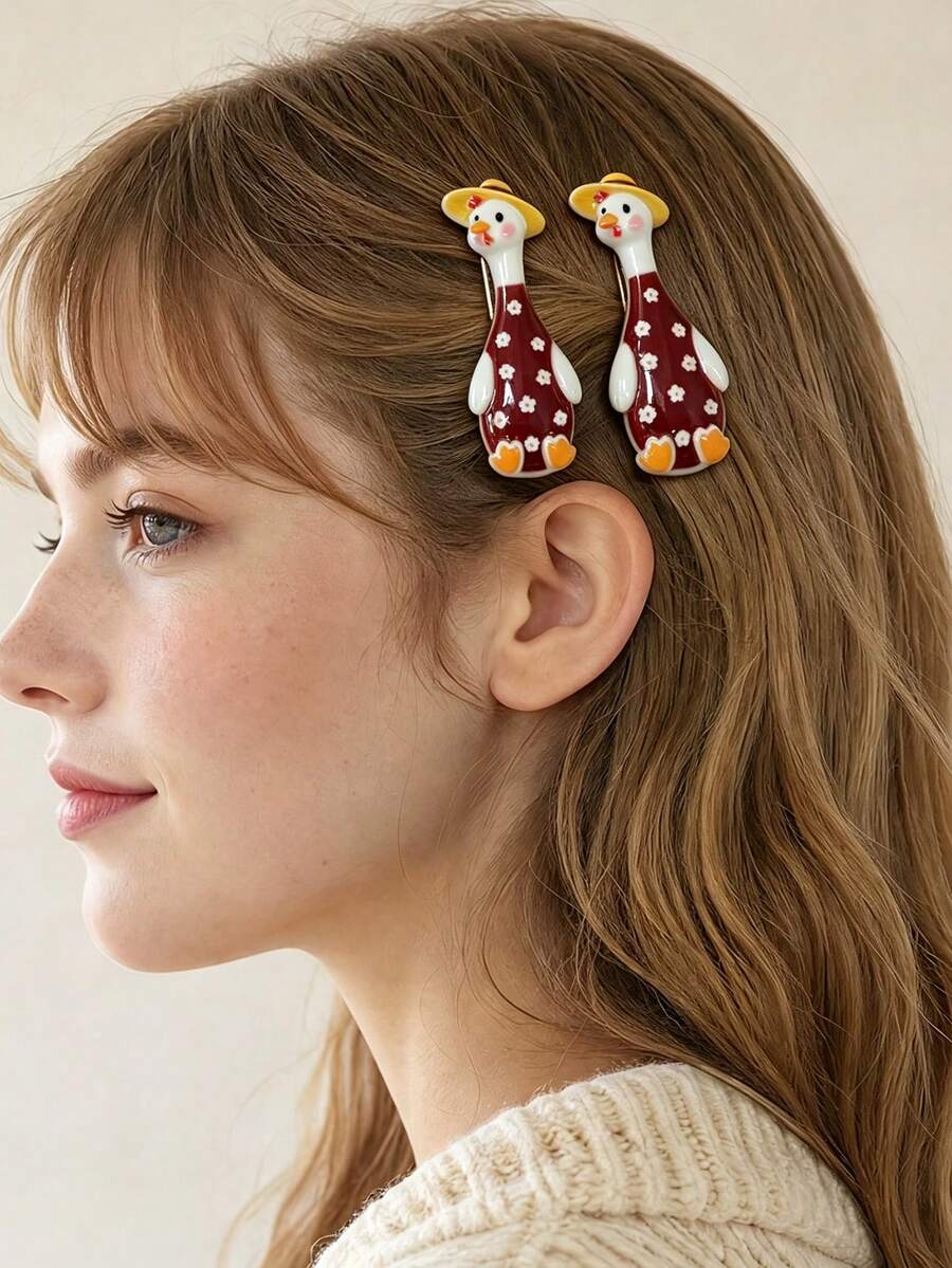 2pcs 3D Goose Animal Hair Clips, Cute And Sweet Printed Goose Hair Clips, Suitable For Birthday Parties, Daily Wear, Back To School Season Gift Hair Accessories - Multicolor - View 1