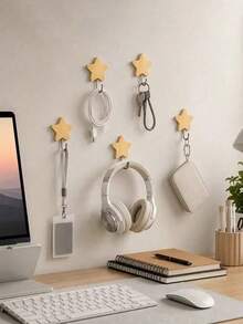 5pcs Star-Shaped Self-Adhesive Wall Hooks, No-Drill Wooden Hooks, Strong Adhesive Wall Hooks, Suitable For Home, Bathroom, Kitchen, Bedroom, Dorm, Office, Bathroom Accessories, Room Decor, Christmas Home Decor - Multicolor - View 7