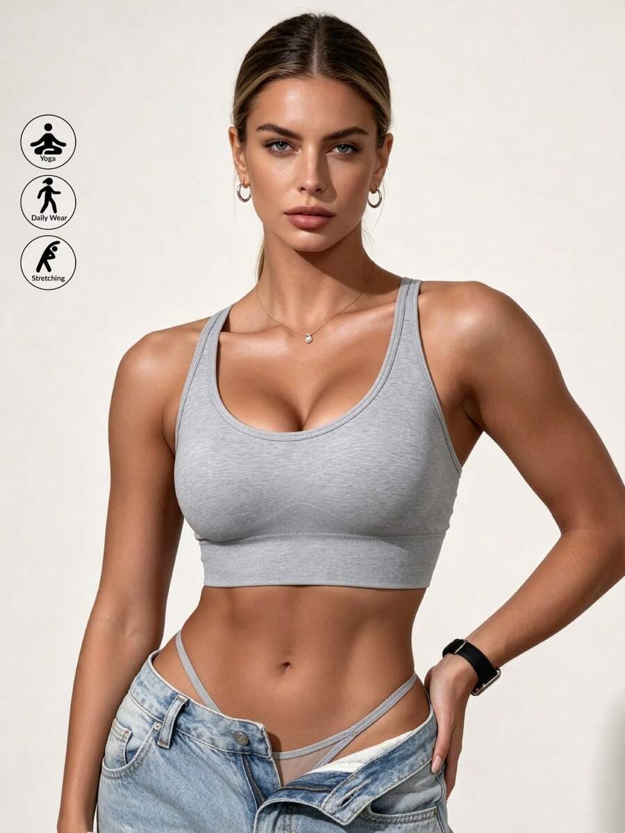 Runway Rest 女款無縫吸震運動內衣,輕量透氣,適合瑜伽與輕量運動,露背無鋼圈,加厚襯墊,舒適 - 灰色 - 查看 1