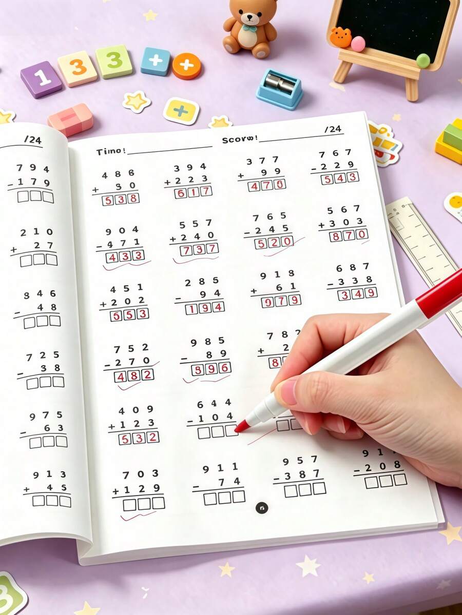 1 pieza Cuaderno de matemáticas de 3 dígitos, suma y resta hasta 1000, problemas aritméticos divertidos para estudiantes de primaria, libro de práctica cronometrada para el hogar, el aula y después de la escuela, cuaderno de matemáticas de primaria, suma y resta hasta 1000, uso educativo, cuaderno de práctica de matemáticas verticales para niños, hoja de trabajo de entrenamiento de habilidades matemáticas tempranas, adecuado para el currículo de 1er y 2do grado, incluyendo niños que aprenden aritmética matemática, hogar, aula escolar, cuaderno esencial de aritmética para la temporada de regreso a la escuela, primera opción de regalo para fiestas, Año Nuevo y cumpleaños - Multicolor - Ver 1