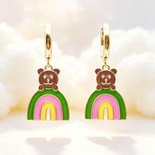 1 Pair Sweet Colorful Oil Drop Rainbow Bear Metal Pendant Earrings, Versatile Personalized Dangle Earrings/Ear Clips/Ear Hoops - Multicolor - View 7
