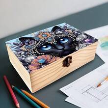1 Set Diamond Painting Black Cat Pattern Handmade Art Wooden Box With Flip Lid And Lock, Multi-Function Storage Box For Small Items, Jewelry And Mosaic Crafts, Happy New Year, Valentine's Day, Easter, Wedding - Multicolor - View 3