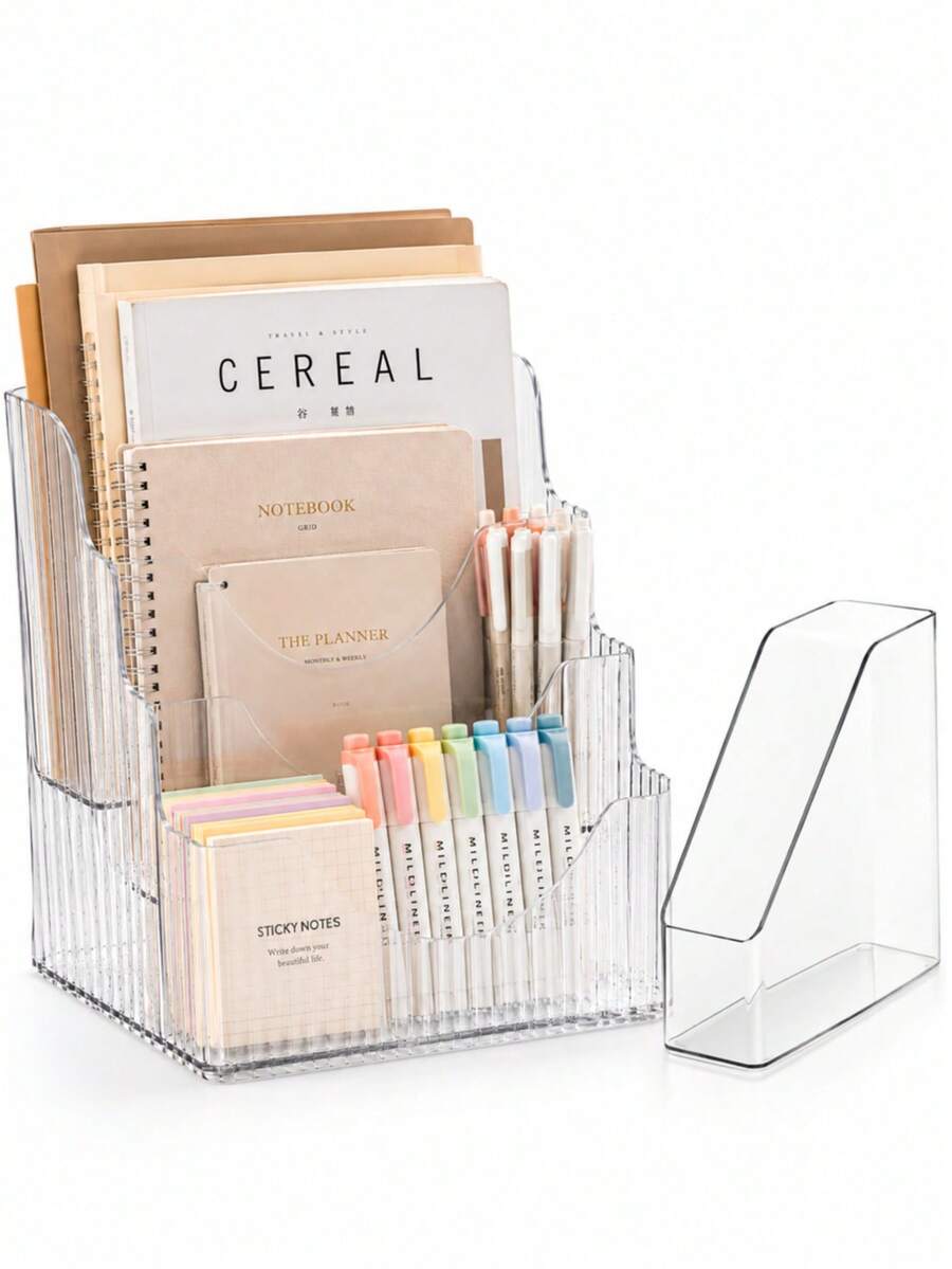 3-Tier Transparent Acrylic Storage Rack/Bookshelf Set, Desktop Stationery Organizer With Pen Holder, Multi-Layer File & Magazine Holder, Space-Saving Desk Bookshelf For Books, Notebooks, Pens And Sticky Notes, Home Office Study Room Desktop Organization