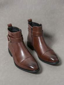 ZCZ Men Cap‑Toe Buckle Ankle Boots, Side Zip Pointed Toe Low Heel Vintage Business Casual Short Boots - Brown - View 9