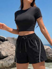 Women's Summer Sports Printed Solid Color Shorts, Elastic Waist Drawstring Running Pants, Suitable For Indoor Fitness And Outdoor Running - Black - View 3