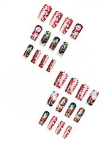 24pcs Short Square Christmas Press-On Nails, Snowflake, Santa Claus, Snowman, Christmas Tree Pattern Fake Nails, With Jelly Glue And Nail File, Suitable For Women's Daily, Party, Holiday Use - Multicolor - View 3