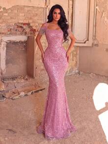 Luxury Sparkling Beaded Evening Gown - Mermaid Silhouette, Square Neckline Design Wedding Party Fall - Baby Pink - View 7