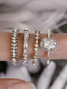 4pcs Set Elegant Stackable Rings, Inlaid With Sparkling Cubic Zirconia Water Drop And Rectangular Symbols, Symbolizing Romance And Nobility, Suitable For Daily Wear - Silver - View 3
