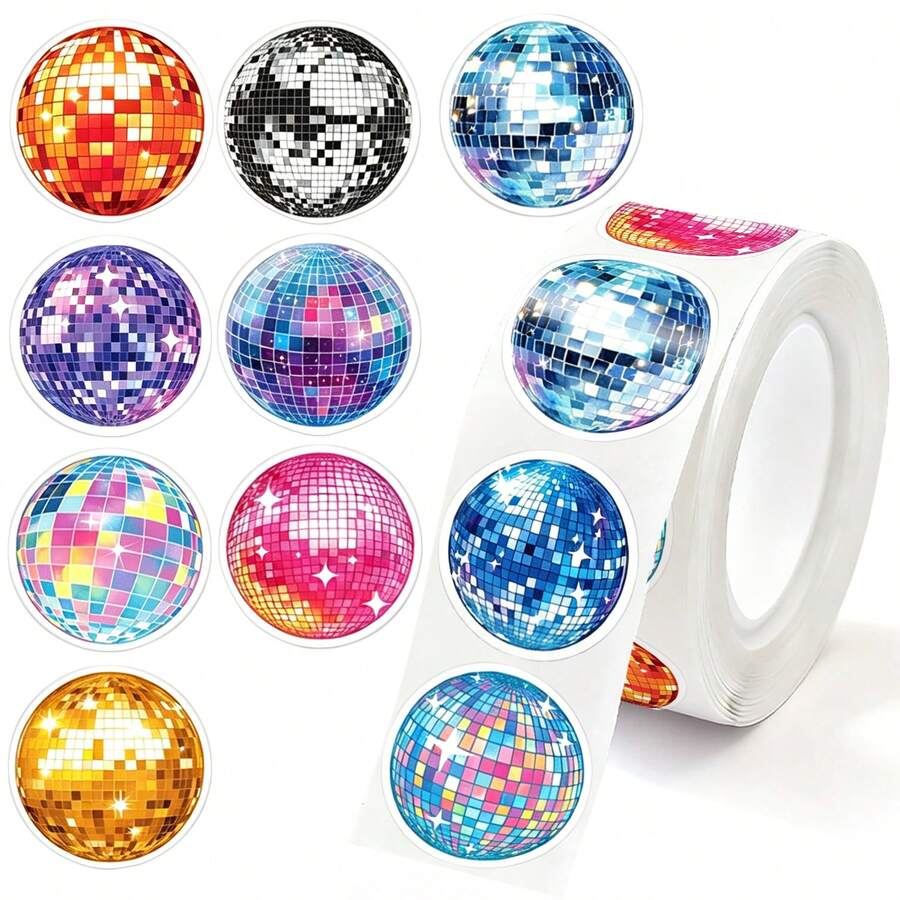 500pcs/Roll 1 Inch Disco Ball Stickers, Colorful Disco Ball Stickers For Stationery, Pencil, Backpack, Skateboard Decoration, Teacher Training, Graffiti Label Stickers, Cake Baking, Envelope, Gift Box Sealing Stickers, Used For Crafts, Scrapbook, Journal, Scrapbook, Envelope Decoration And Sealing Stickers - Multicolor - View 1