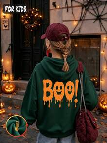 Halloween Autumn Winter Girls Hooded Fleece Sweatshirt With Orange Dripping BOO! And  Print, - Dark Green - View 3