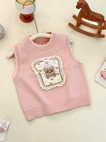 WUHUANG YIYI Girls' Sweet Cute Cartoon Bear Handmade Applique Embroidery Heart Lace Decor Knitted Sweater Vest Loose Fit Versatile Outerwear For Spring And Autumn - Pink - View 7