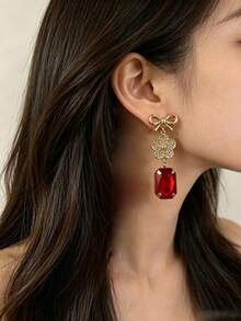 1 Pair Fashion Vintage Luxury Clover Flower Sparkling Rhinestone Colorful Crystal Bow Rectangular Elegant Personalized High-End Earrings - Long Earrings - View 4