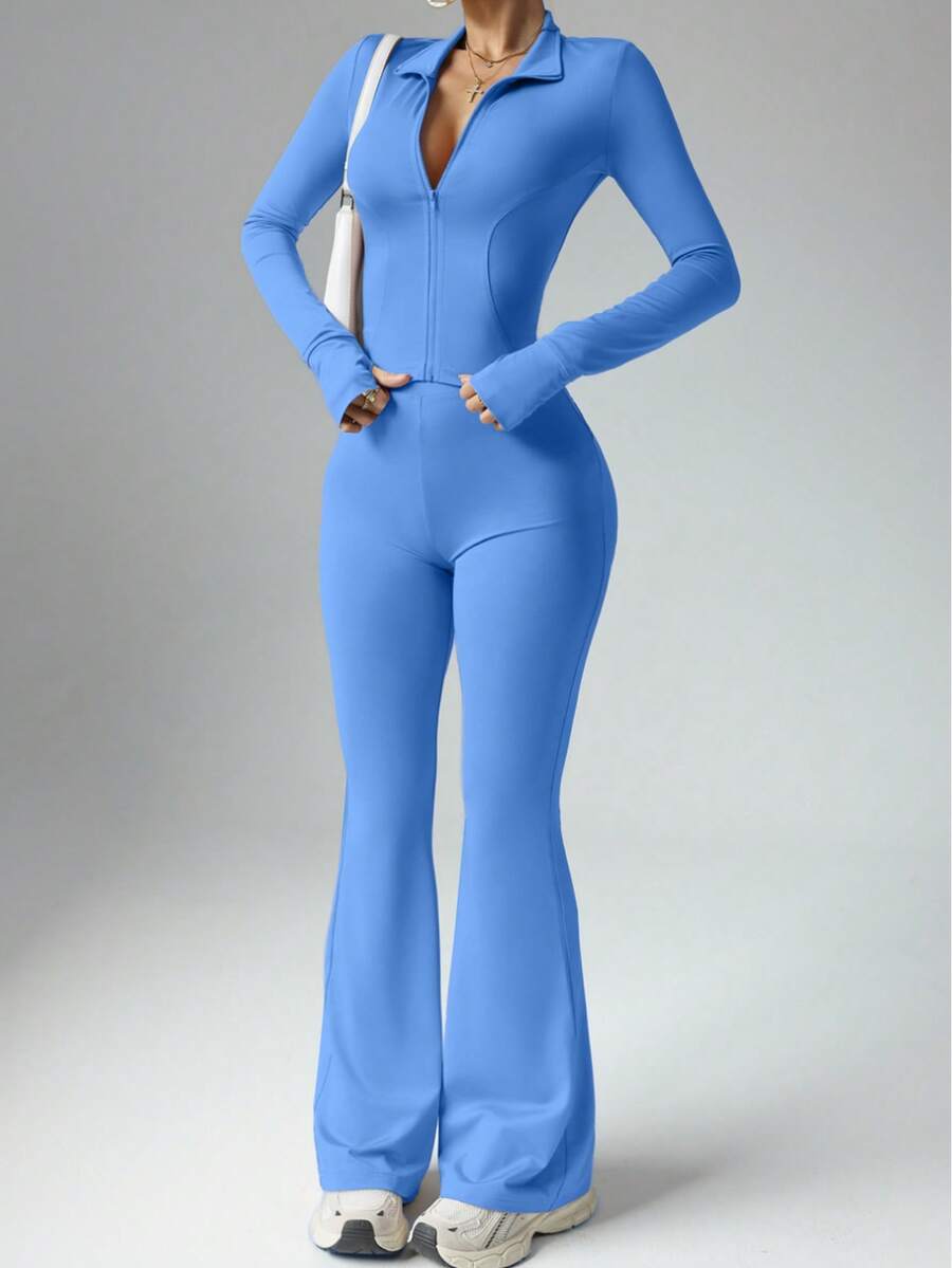 女款純色長袖上衣與修身長褲運動套裝 女款健身套裝 - 藍色 - 查看 1