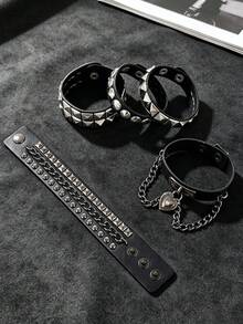 Unisex Multi-Pack Adjustable Pyramid Metal Decor & Heart Lock Star Print Gothic Punk Rock Faux Leather Alloy Bracelet Set All Season - Black - View 5