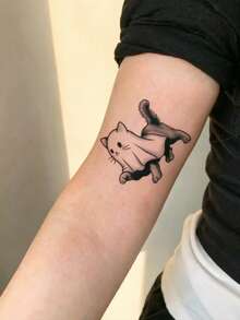 1pc Temporary Tattoo Sticker, Ghost Cat Black & White Stippling Pattern, Realistic Fake Tattoo Design, For Daily Wear, Bachelorette Party Favors, Music Festival, Game, Graduation Gift, Lasts 3‑5 Days - Black - View 5
