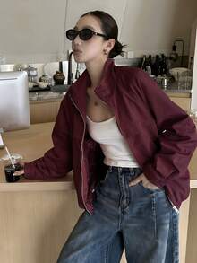 Jaket Wanita Musim Gugur Model Baru dengan Resleting dan Lengan Raglan - Burgundy - View 3