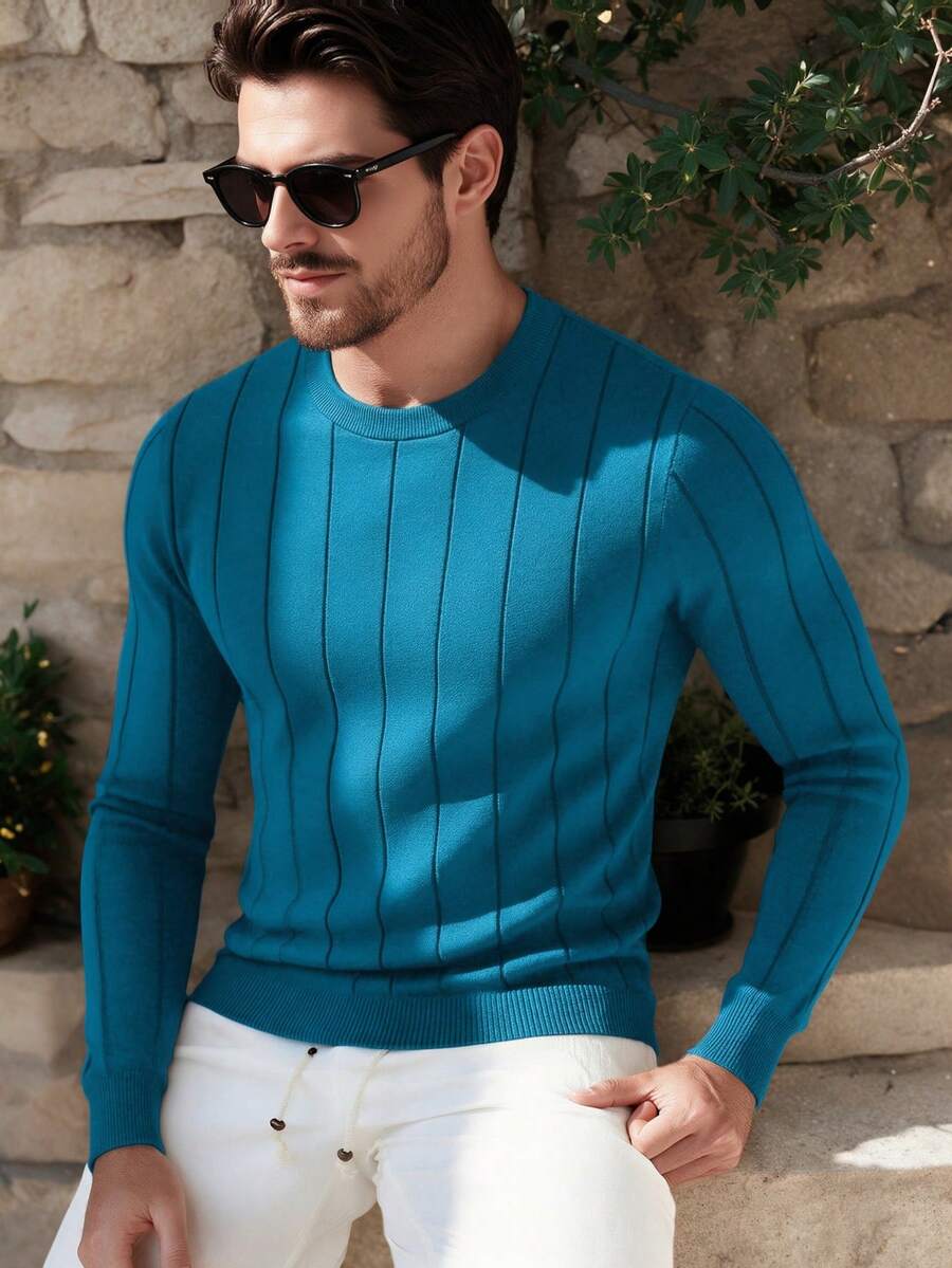 ALTZTAR Men's Casual Ribbed Knit Sweater, Round Neck, Minimalist & Fashionable For Daily Wear - Mint Blue - View 1