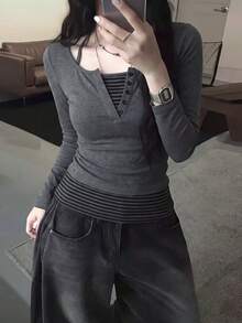 Striped Tank Top & Button Long Sleeve Design 2 Pieces Set - Grey - View 2